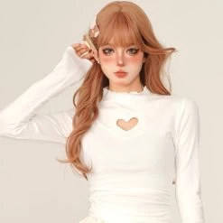Sweet Style All-match Lace Hollow Heart Long-Sleeved Top -Kawaii Fashion Shop Sweet Style All match Lace Hollow Heart Long Sleeved Top 9