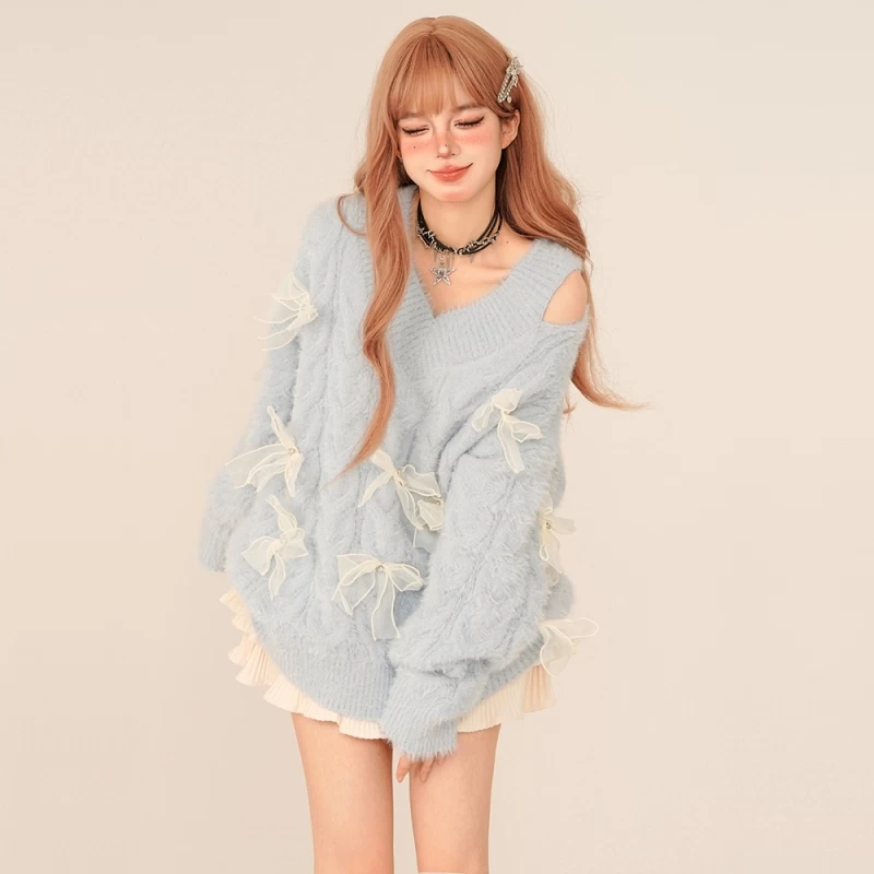 Sweet Style Light Blue Off-Shoulder V-neck Sweater 4 Sweet Style Light Blue Off-Shoulder V-neck Sweater - Image 2