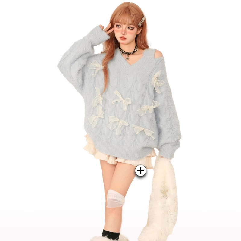 Sweet Style Light Blue Off-Shoulder V-neck Sweater 3 Sweet Style Light Blue Off-Shoulder V-neck Sweater