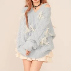 Sweet Style Light Blue Off-Shoulder V-neck Sweater 11 Sweet Style Light Blue Off-Shoulder V-neck Sweater -Kawaii Fashion Shop Sweet Style Light Blue Off Shoulder V neck Sweater 5