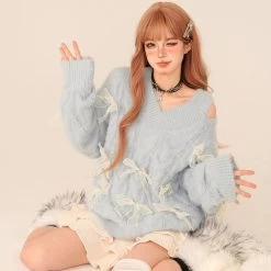 Sweet Style Light Blue Off-Shoulder V-neck Sweater 9 Sweet Style Light Blue Off-Shoulder V-neck Sweater -Kawaii Fashion Shop Sweet Style Light Blue Off Shoulder V neck Sweater 6