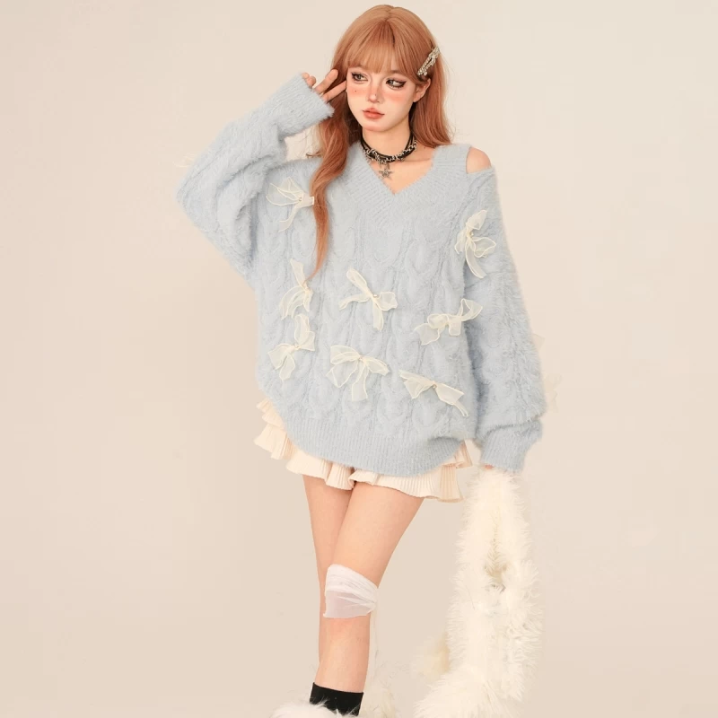 Sweet Style Light Blue Off-Shoulder V-neck Sweater 6 Sweet Style Light Blue Off-Shoulder V-neck Sweater - Image 4