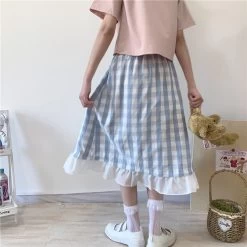 Sweet Teen Girl Plaid Vintage Long Skirt 10 Sweet Teen Girl Plaid Vintage Long Skirt -Kawaii Fashion Shop Sweet Teen Girl Plaid Long Skirt Vintage Ruffle Blue White Over Knee Length Saia Women Mori 2