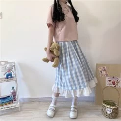Sweet Teen Girl Plaid Vintage Long Skirt 11 Sweet Teen Girl Plaid Vintage Long Skirt -Kawaii Fashion Shop Sweet Teen Girl Plaid Long Skirt Vintage Ruffle Blue White Over Knee Length Saia Women Mori 3