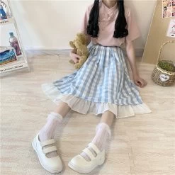 Sweet Teen Girl Plaid Vintage Long Skirt 12 Sweet Teen Girl Plaid Vintage Long Skirt -Kawaii Fashion Shop Sweet Teen Girl Plaid Long Skirt Vintage Ruffle Blue White Over Knee Length Saia Women Mori 4