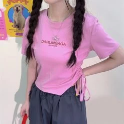 Sweet Y2K Style Pink Slim Short T-shirt -Kawaii Fashion Shop Sweet Y2K Style Pink Slim Short T shirt 1