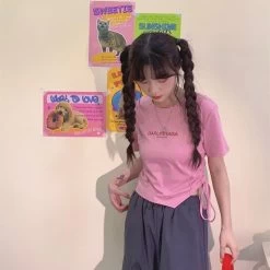 Sweet Y2K Style Pink Slim Short T-shirt -Kawaii Fashion Shop Sweet Y2K Style Pink Slim Short T shirt 3