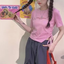 Sweet Y2K Style Pink Slim Short T-shirt -Kawaii Fashion Shop Sweet Y2K Style Pink Slim Short T shirt 7