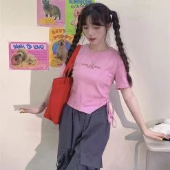 Sweet Y2K Style Pink Slim Short T-shirt -Kawaii Fashion Shop Sweet Y2K Style Pink Slim Short T shirt 8