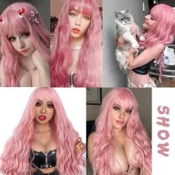 Long Mix Pink Lolita Wigs -Kawaii Fashion Shop Synthetic wig Long Mix Pink Womens Wigs With Bangs Heat Resistant Kinky Curly Orange Gold Wigs 4