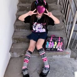 Kawaii Black Punk Anime T-shirt -Kawaii Fashion Shop T shirts Women Anime Print grunge Loose Steampunk Tee Gothic Female Harajuku Summer Clothing E Girl 4