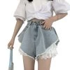 High Waist Lace Denim Shorts -Kawaii Fashion Shop Thin Lace Denim Shorts Women s 2021 Summer New Design High Waist A shaped Wide Leg