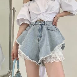 High Waist Lace Denim Shorts -Kawaii Fashion Shop Thin Lace Denim Shorts Women s 2021 Summer New Design High Waist A shaped Wide Leg 2