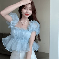 Floral Print Off The Shoulder Chiffon Short T-Shirt -Kawaii Fashion Shop Tinomiswa Slash Neck Sexy Blouse Women Solid Color Slim Waist Chiffon Crop Tops Ruffles Patchwork Sweet 2