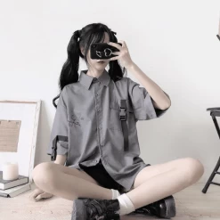 Kawaii Printed Shirt And Shorts Two-Piece Set -Kawaii Fashion Shop Two piece suit Loose Collar Short Sleeve Shirt Wide Leg Overalls Shorts BF Wind Summer 5