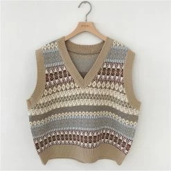 Vintage V-neck Knitted Vest 12 Vintage V-neck Knitted Vest -Kawaii Fashion Shop Vests Women V neck Patchwork Korean Preppy Style Elegant All match Femme Loose Harajuku Chic Sleeveless 4
