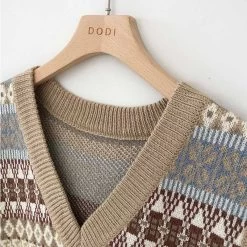 Vintage V-neck Knitted Vest 13 Vintage V-neck Knitted Vest -Kawaii Fashion Shop Vests Women V neck Patchwork Korean Preppy Style Elegant All match Femme Loose Harajuku Chic Sleeveless 5
