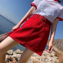 High Waist Mini Denim Skirt -Kawaii Fashion Shop WERUERUYU Denim Skirt High Waist Mini s Women 2020 Summer New Pockets Red Black Jean School 4
