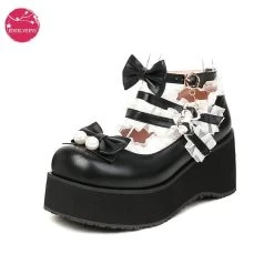 Sweet Lolita White Bows Pumps -Kawaii Fashion Shop Wedges Thick Sole Shoes Girls Loli Princess Dress JK Uniform Lace Strap Platform Pumps Women Lolita 1