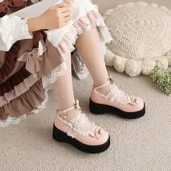 Sweet Lolita White Bows Pumps -Kawaii Fashion Shop Wedges Thick Sole Shoes Girls Loli Princess Dress JK Uniform Lace Strap Platform Pumps Women Lolita 5