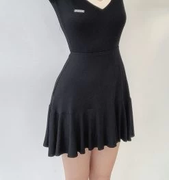 Such Cute Slim Polo Dress -Kawaii Fashion Shop WeiYao Korean Casual V Neck Women A Line Dress Basic Short Sleeve Kawaii Preppy Slim Black 2