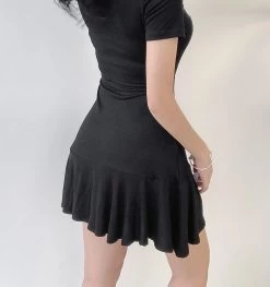 Such Cute Slim Polo Dress -Kawaii Fashion Shop WeiYao Korean Casual V Neck Women A Line Dress Basic Short Sleeve Kawaii Preppy Slim Black 3