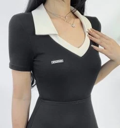 Such Cute Slim Polo Dress -Kawaii Fashion Shop WeiYao Korean Casual V Neck Women A Line Dress Basic Short Sleeve Kawaii Preppy Slim Black 4