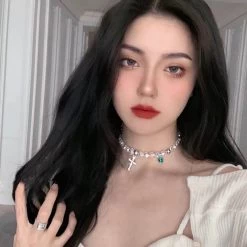 White Irregular Simulated Pearl Necklace -Kawaii Fashion Shop White Irregular Simulated Pearl Necklace Jewelry Rhinestone Cross Crystal Pendant Classic Necklace For Women Choker Necklace 1