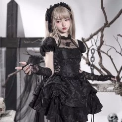 White Solid -Color Lace Bubble Sleeve Lolita Skirt -Kawaii Fashion Shop White Solid Color Lace Bubble Sleeve Lolita Skirt 1