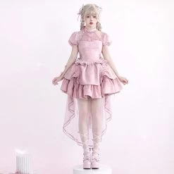 White Solid -Color Lace Bubble Sleeve Lolita Skirt -Kawaii Fashion Shop White Solid Color Lace Bubble Sleeve Lolita Skirt 7