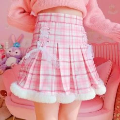 Kawaii Lolita Pleated Mini Skirt -Kawaii Fashion Shop Winter Kawaii Pleated Mini Skirt Women Korean Fashion Plaid Cute Lace Cosplay School Gilr Lolita Female