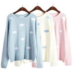 Cute Blue Clouds Loose Sweaters 9 Cute Blue Clouds Loose Sweaters -Kawaii Fashion Shop Winter Loose College Wind Clouds Warm Female Long Sleeve Sweaters 3