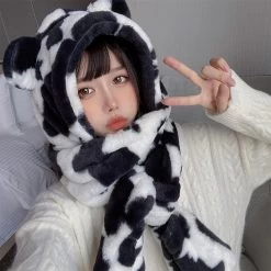 Kawaii Leopard Print Hoods 10 Kawaii Leopard Print Hoods -Kawaii Fashion Shop Winter Women s Warm Outdoor Versatile Hat Kawaii Dinosaur Design One Piece Scarf Gloves Lolita Girlish 2