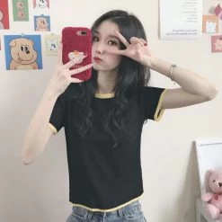 Cute Contrast Color Short T-shirt -Kawaii Fashion Shop Woman TShirts Crop Top Summer Loose Top T shirt with Short Sleeves Women s Clothes Mujer 2