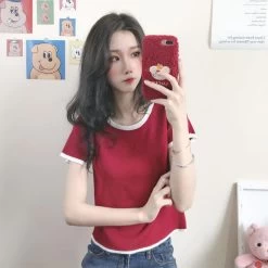 Cute Contrast Color Short T-shirt -Kawaii Fashion Shop Woman TShirts Crop Top Summer Loose Top T shirt with Short Sleeves Women s Clothes Mujer 4