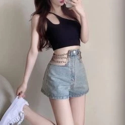 Sexy Hollow Out Denim Shorts -Kawaii Fashion Shop Women 2022 Summer Fashion Casual Jeans Shorts Female with Chains High Waisted Shorts Ladies Sexy Hollow 2