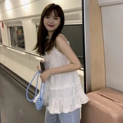 Ruffle Trim Camisole Top 10 Ruffle Trim Camisole Top -Kawaii Fashion Shop Women Camisole Tank Tops Korean Style Sleeveless Shirt Sweet Casual One Size Spaghetti Straps Vest V 1