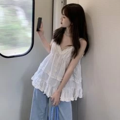Ruffle Trim Camisole Top 9 Ruffle Trim Camisole Top -Kawaii Fashion Shop Women Camisole Tank Tops Korean Style Sleeveless Shirt Sweet Casual One Size Spaghetti Straps Vest V