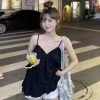 Ruffle Trim Camisole Top -Kawaii Fashion Shop Women Camisole Tank Tops Korean Style Sleeveless Shirt Sweet Casual One Size Spaghetti Straps Vest V 3