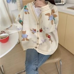 Kawaii Bear Knitted Loose Cardigan -Kawaii Fashion Shop Women Cartoon Bear Cardigan Jacquard Sweater Autumn Winter Korean V Neck Outwear Preppy Female Cardigans Oversized 2