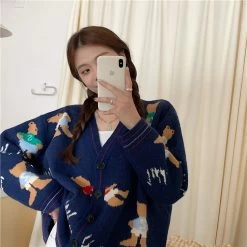 Kawaii Bear Knitted Loose Cardigan -Kawaii Fashion Shop Women Cartoon Bear Cardigan Jacquard Sweater Autumn Winter Korean V Neck Outwear Preppy Female Cardigans Oversized 3