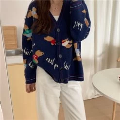 Kawaii Bear Knitted Loose Cardigan -Kawaii Fashion Shop Women Cartoon Bear Cardigan Jacquard Sweater Autumn Winter Korean V Neck Outwear Preppy Female Cardigans Oversized 4