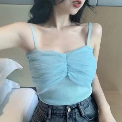 Kawaii Plicated Mesh Splice Tank Top 13 Kawaii Plicated Mesh Splice Tank Top -Kawaii Fashion Shop Women Corset Tops Spring Mesh Patchwork Knitting Camisole Sexy Short Top Women s Clothing Tank Camis 5