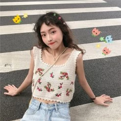 Korean Fashion Floral Crochet Vest -Kawaii Fashion Shop Women Corset Tops Women s Summer Embroidered Sleeveless Top with Suspenders Cropped Tank Camis Top Tank 4