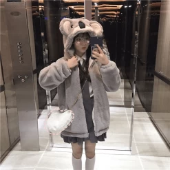 Kawaii Koala Ears Plush Thick Warm Hoodies -Kawaii Fashion Shop Women Cute Plush Thick Warm Spring Autumn Jacket Kawaii Koala Ears Hooded Sweatshirts Lovely Girl Student 4