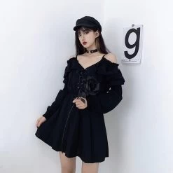 Gothic Off Shoulder Sexy Long Sleeve Dress -Kawaii Fashion Shop Women Dress Plus Size 4XL Lace Up Black Autumn 2020 Sexy High Waist Femme Dresses Off 3