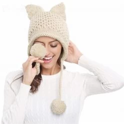 Kawaii Cat Ears Knit Hat -Kawaii Fashion Shop Women Hats Knit Braided Cat Ears Hat Handmade Knitting Crochet Warmer Beanie Winter Cap Accessories Bonnets 1