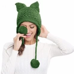 Kawaii Cat Ears Knit Hat -Kawaii Fashion Shop Women Hats Knit Braided Cat Ears Hat Handmade Knitting Crochet Warmer Beanie Winter Cap Accessories Bonnets 2