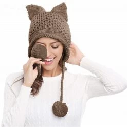 Kawaii Cat Ears Knit Hat -Kawaii Fashion Shop Women Hats Knit Braided Cat Ears Hat Handmade Knitting Crochet Warmer Beanie Winter Cap Accessories Bonnets 3