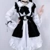 Black And White Unisex Bow Ruffle Maid Lolita Dress 2 Black And White Unisex Bow Ruffle Maid Lolita Dress -Kawaii Fashion Shop Women Maid Outfit Anime Long Dress Black and White Apron Lolita Dresses Men Cafe Cosplay Costume